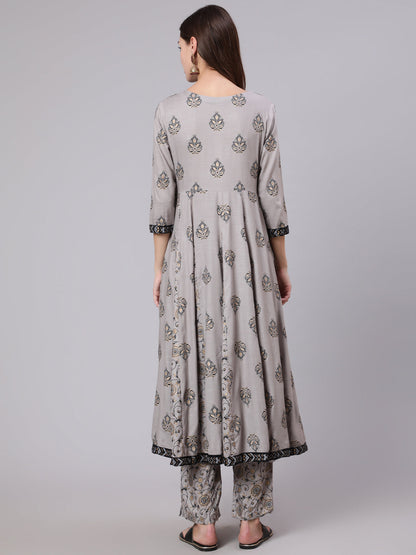 Rayon Calf Length Printed Flared 3/4 Sleeve Round Neck Kurta Bottom Set