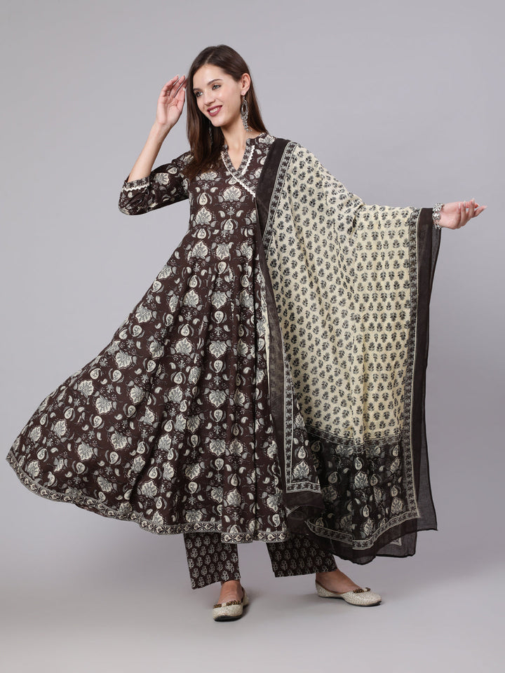Cotton Calf Length Printed Flared 3/4 Sleeve Collar Neck Kurta Bottom Dupatta Set