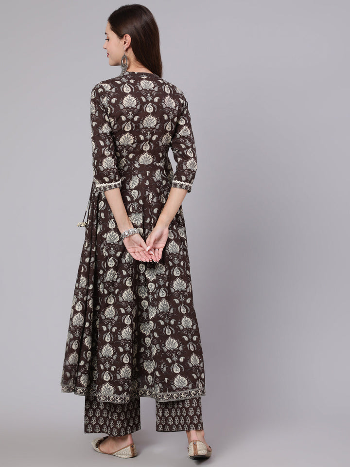 Cotton Calf Length Printed Flared 3/4 Sleeve Collar Neck Kurta Bottom Dupatta Set