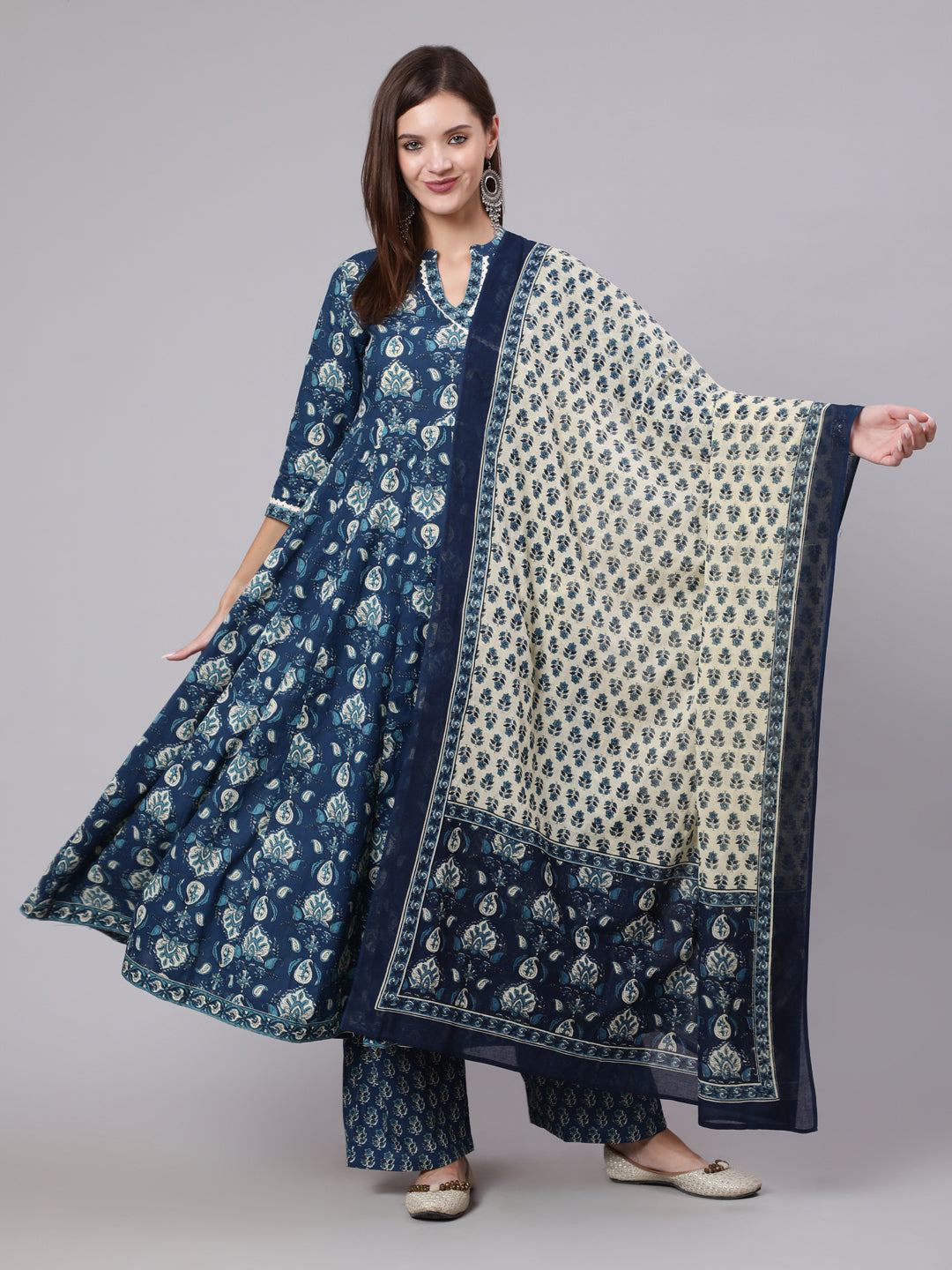 Cotton Calf Length Printed Flared 3/4 Sleeve Collar Neck Kurta Bottom Dupatta Set