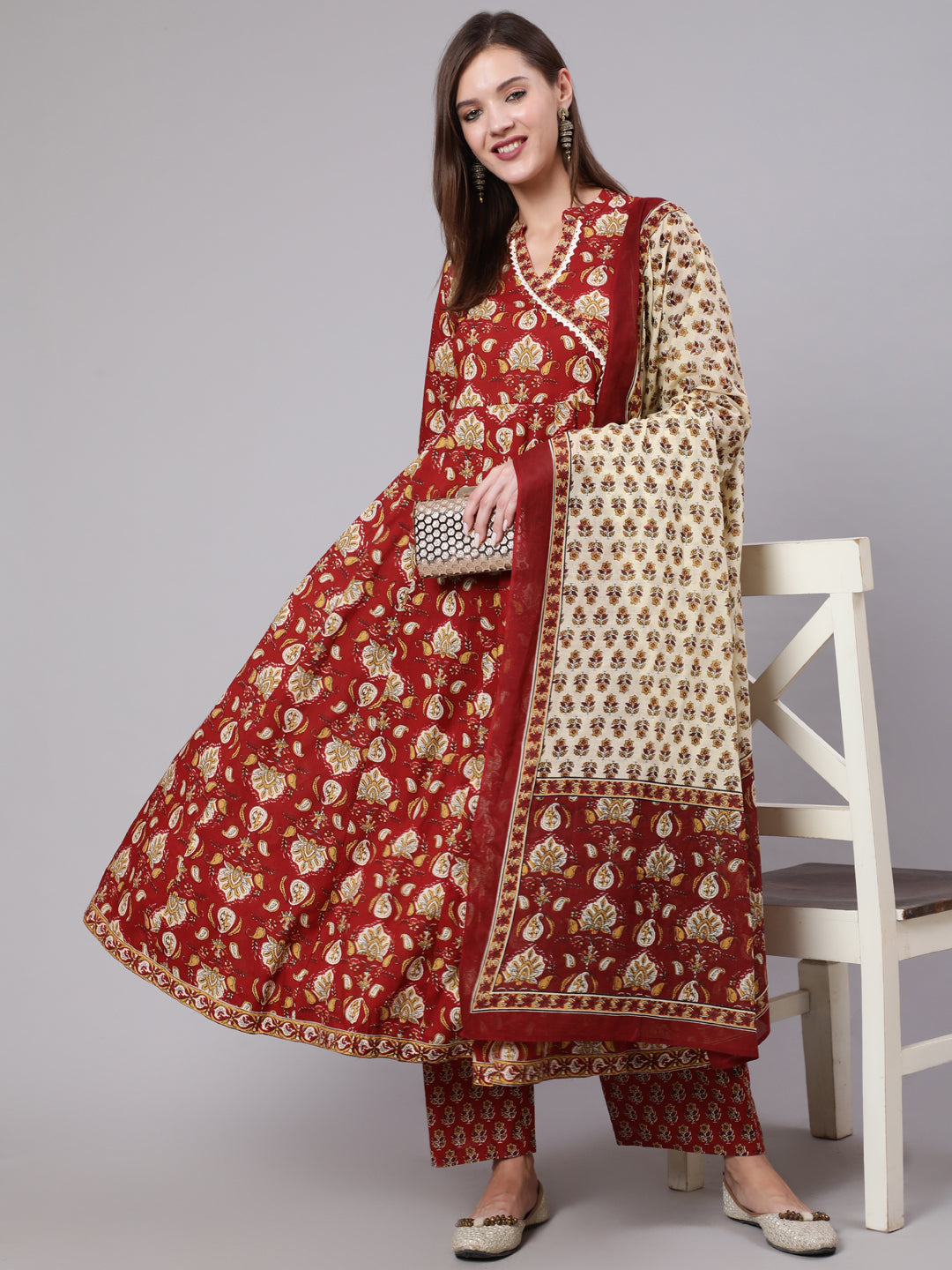 Cotton Calf Length Printed Flared 3/4 Sleeve Collar Neck Kurta Bottom Dupatta Set