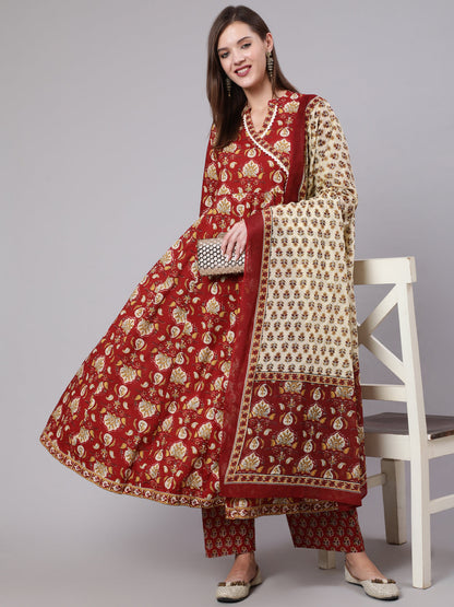 Cotton Calf Length Printed Flared 3/4 Sleeve Collar Neck Kurta Bottom Dupatta Set