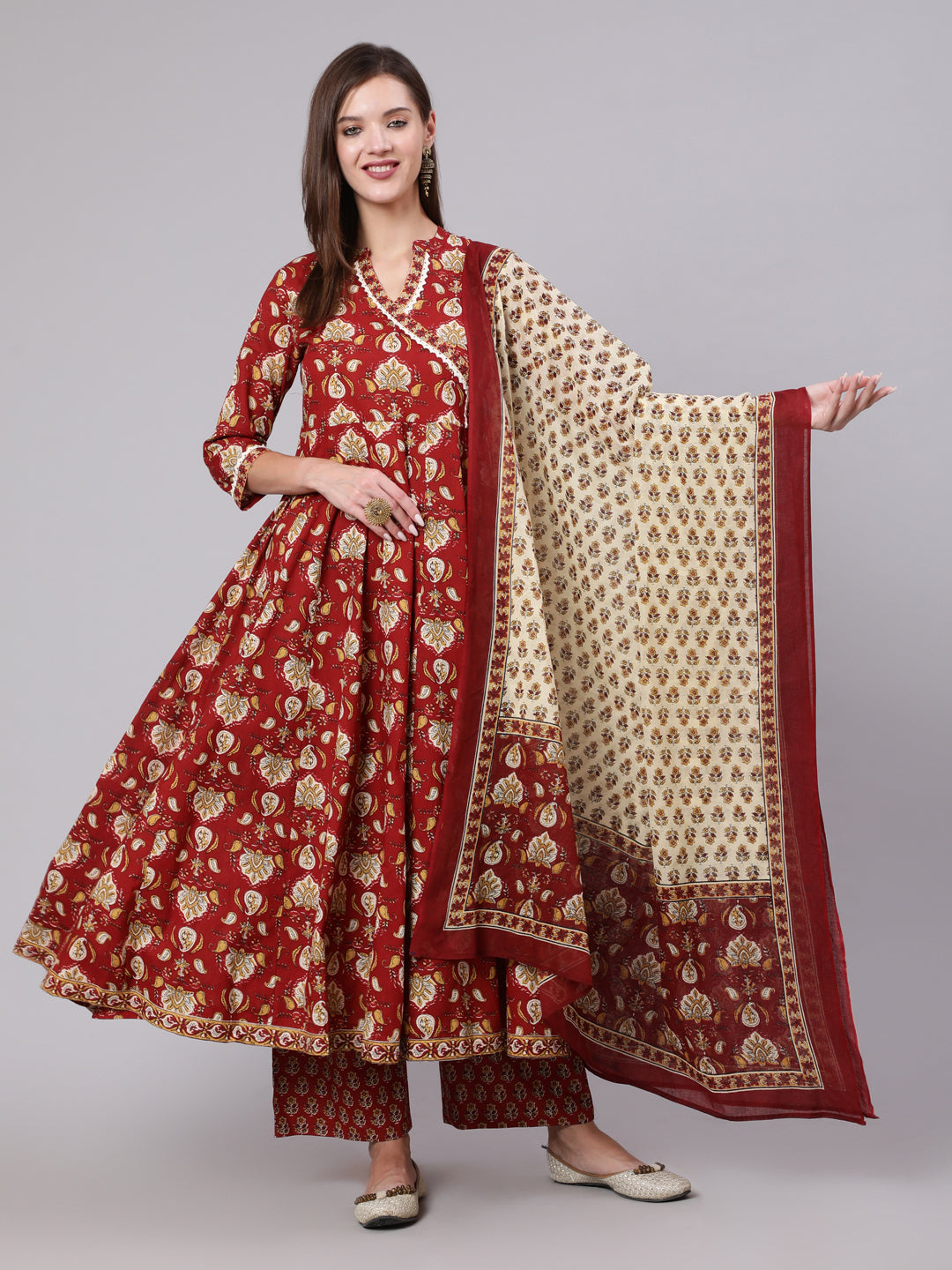 Cotton Calf Length Printed Flared 3/4 Sleeve Collar Neck Kurta Bottom Dupatta Set