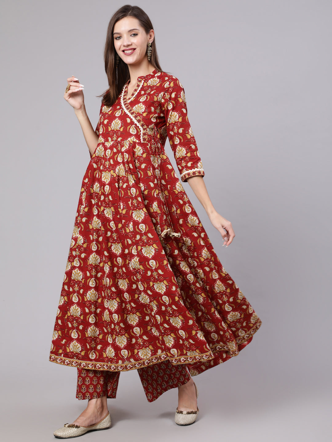 Cotton Calf Length Printed Flared 3/4 Sleeve Collar Neck Kurta Bottom Dupatta Set