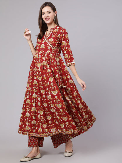 Cotton Calf Length Printed Flared 3/4 Sleeve Collar Neck Kurta Bottom Dupatta Set