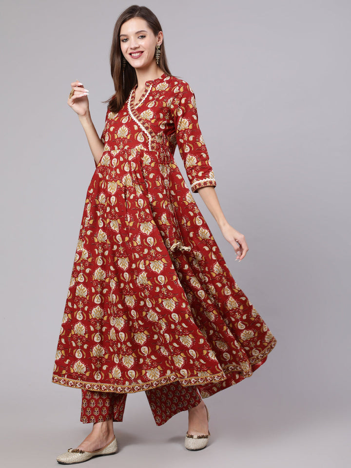 Cotton Calf Length Printed Flared 3/4 Sleeve Collar Neck Kurta Bottom Dupatta Set