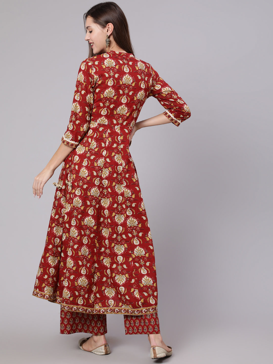 Cotton Calf Length Printed Flared 3/4 Sleeve Collar Neck Kurta Bottom Dupatta Set