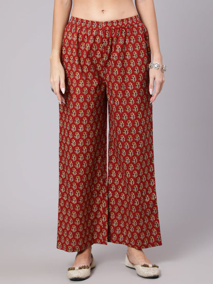 Cotton Calf Length Printed Flared 3/4 Sleeve Collar Neck Kurta Bottom Dupatta Set