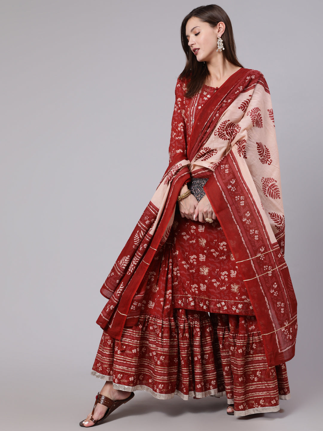 Cotton Calf Length Printed Straight 3/4 Sleeve Round Neck Kurta Bottom Dupatta Set