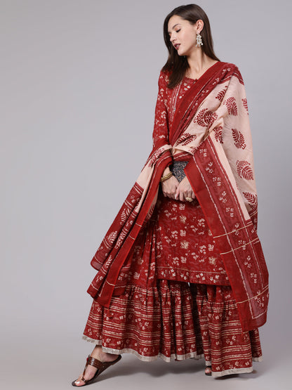 Cotton Calf Length Printed Straight 3/4 Sleeve Round Neck Kurta Bottom Dupatta Set