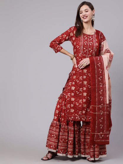 Cotton Calf Length Printed Straight 3/4 Sleeve Round Neck Kurta Bottom Dupatta Set