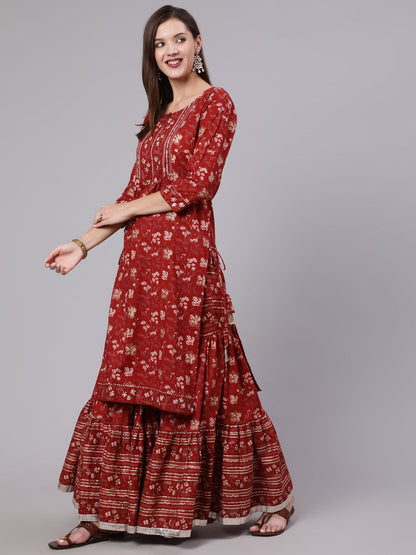 Cotton Calf Length Printed Straight 3/4 Sleeve Round Neck Kurta Bottom Dupatta Set