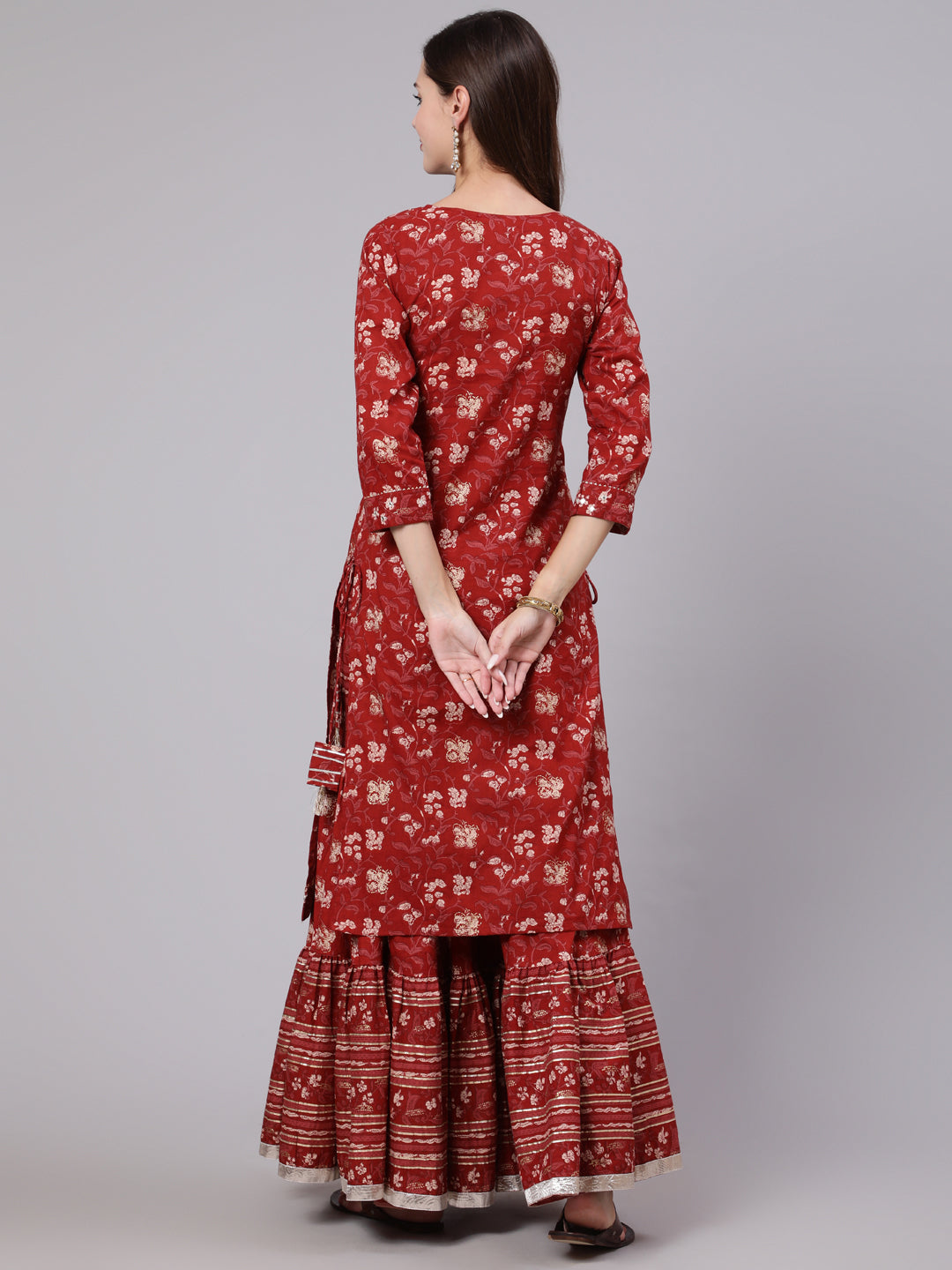 Cotton Calf Length Printed Straight 3/4 Sleeve Round Neck Kurta Bottom Dupatta Set