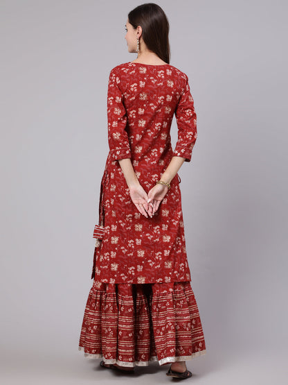 Cotton Calf Length Printed Straight 3/4 Sleeve Round Neck Kurta Bottom Dupatta Set
