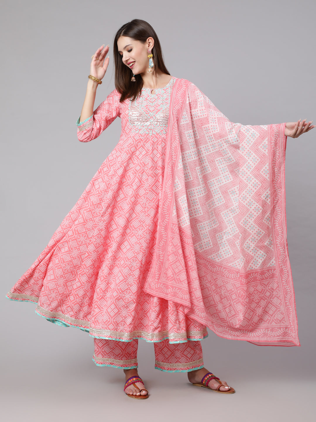 Cotton Calf Length Bandhni Print Flared 3/4 Sleeve Round Neck Kurta Bottom Dupatta Set