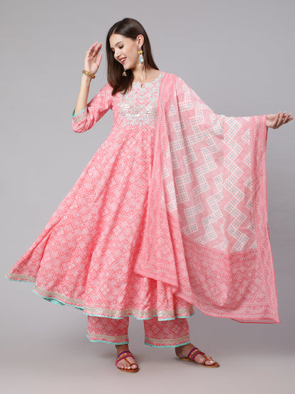 Cotton Calf Length Bandhni Print Flared 3/4 Sleeve Round Neck Kurta Bottom Dupatta Set