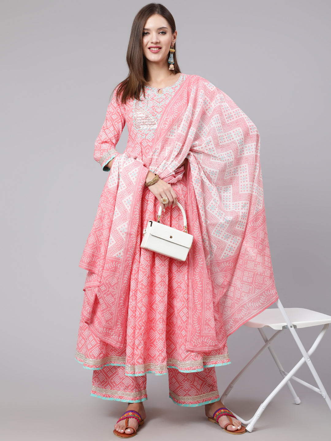 Cotton Calf Length Bandhni Print Flared 3/4 Sleeve Round Neck Kurta Bottom Dupatta Set