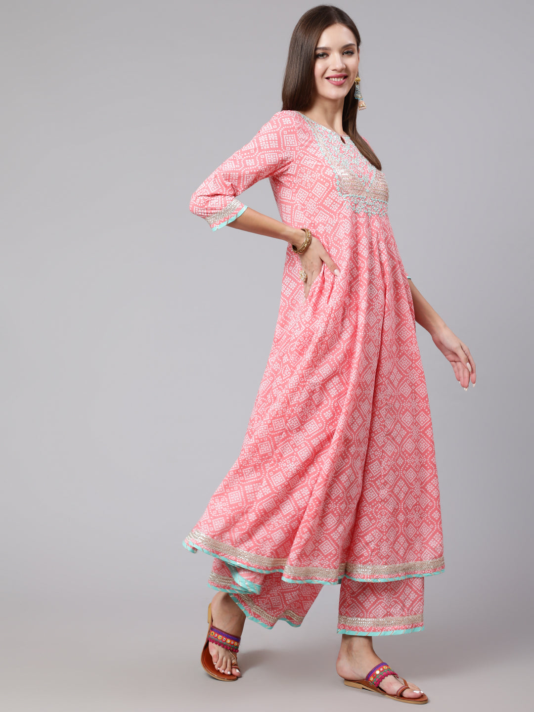 Cotton Calf Length Bandhni Print Flared 3/4 Sleeve Round Neck Kurta Bottom Dupatta Set