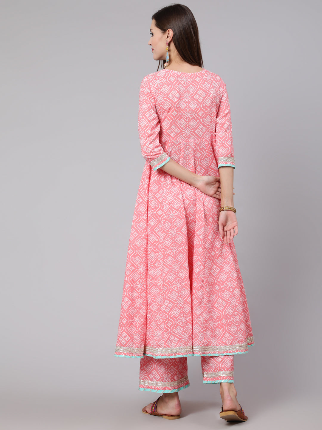 Cotton Calf Length Bandhni Print Flared 3/4 Sleeve Round Neck Kurta Bottom Dupatta Set