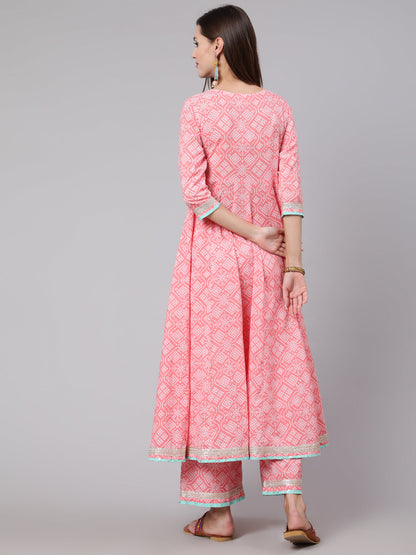 Cotton Calf Length Bandhni Print Flared 3/4 Sleeve Round Neck Kurta Bottom Dupatta Set