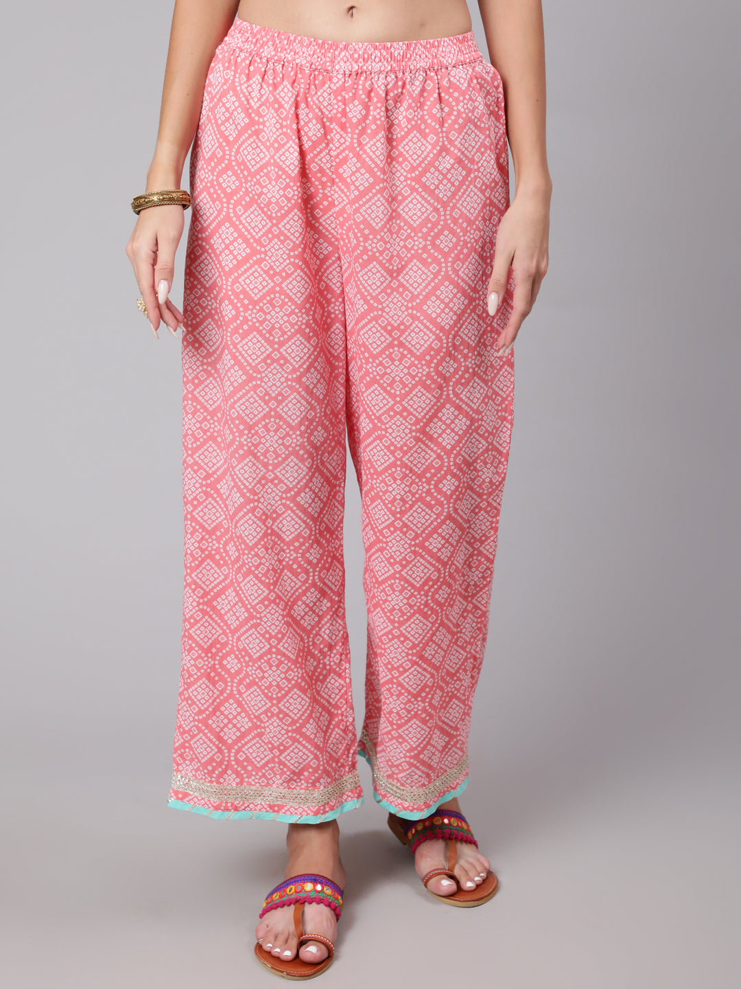 Cotton Calf Length Bandhni Print Flared 3/4 Sleeve Round Neck Kurta Bottom Dupatta Set