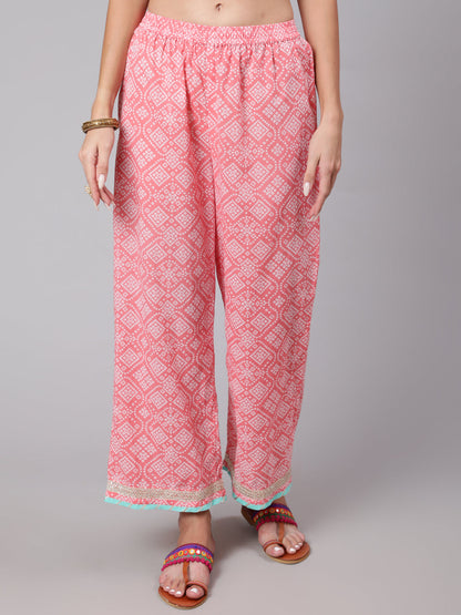 Cotton Calf Length Bandhni Print Flared 3/4 Sleeve Round Neck Kurta Bottom Dupatta Set