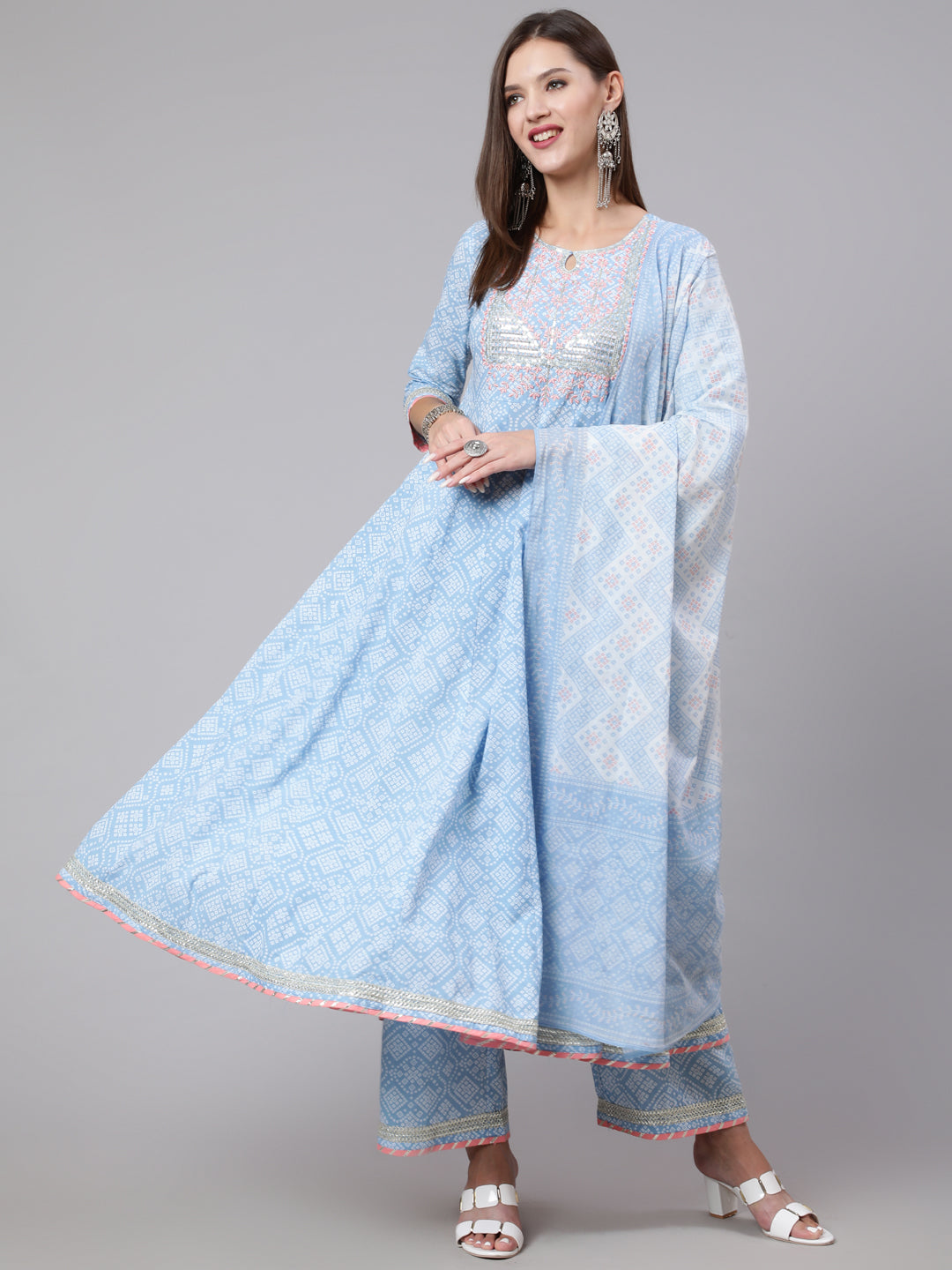 Cotton Calf Length Bandhni Print Flared 3/4 Sleeve Round Neck Kurta Bottom Dupatta Set