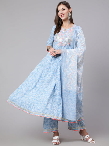 Cotton Calf Length Bandhni Print Flared 3/4 Sleeve Round Neck Kurta Bottom Dupatta Set