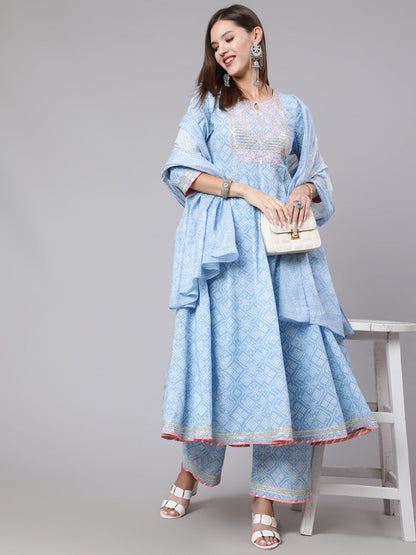 Cotton Calf Length Bandhni Print Flared 3/4 Sleeve Round Neck Kurta Bottom Dupatta Set