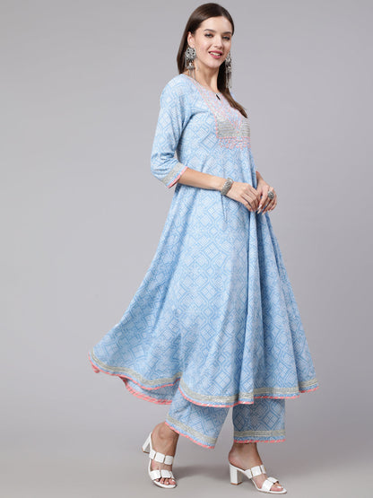 Cotton Calf Length Bandhni Print Flared 3/4 Sleeve Round Neck Kurta Bottom Dupatta Set