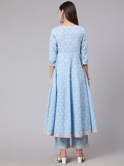 Cotton Calf Length Bandhni Print Flared 3/4 Sleeve Round Neck Kurta Bottom Dupatta Set