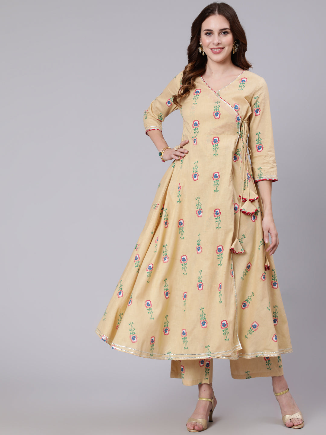 Cotton Calf Length Printed Flared 3/4 Sleeve V Neck Kurta Pant Set