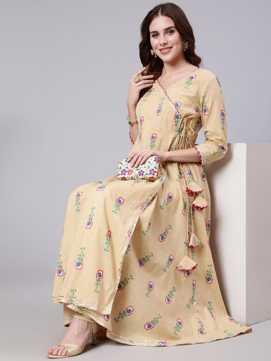 Cotton Calf Length Printed Flared 3/4 Sleeve V Neck Kurta Pant Set
