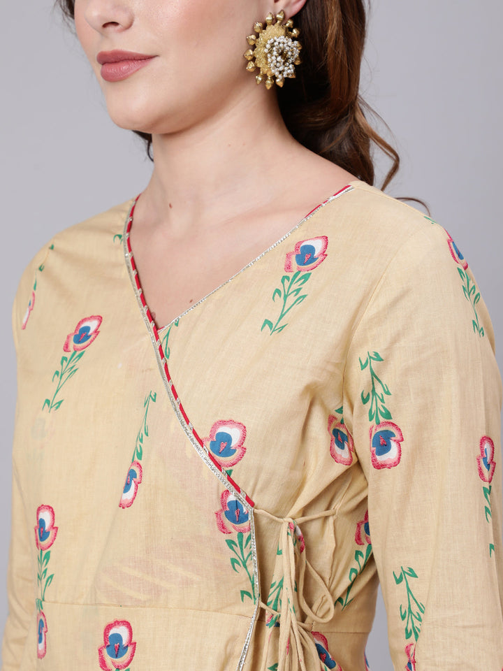 Cotton Calf Length Printed Flared 3/4 Sleeve V Neck Kurta Pant Set