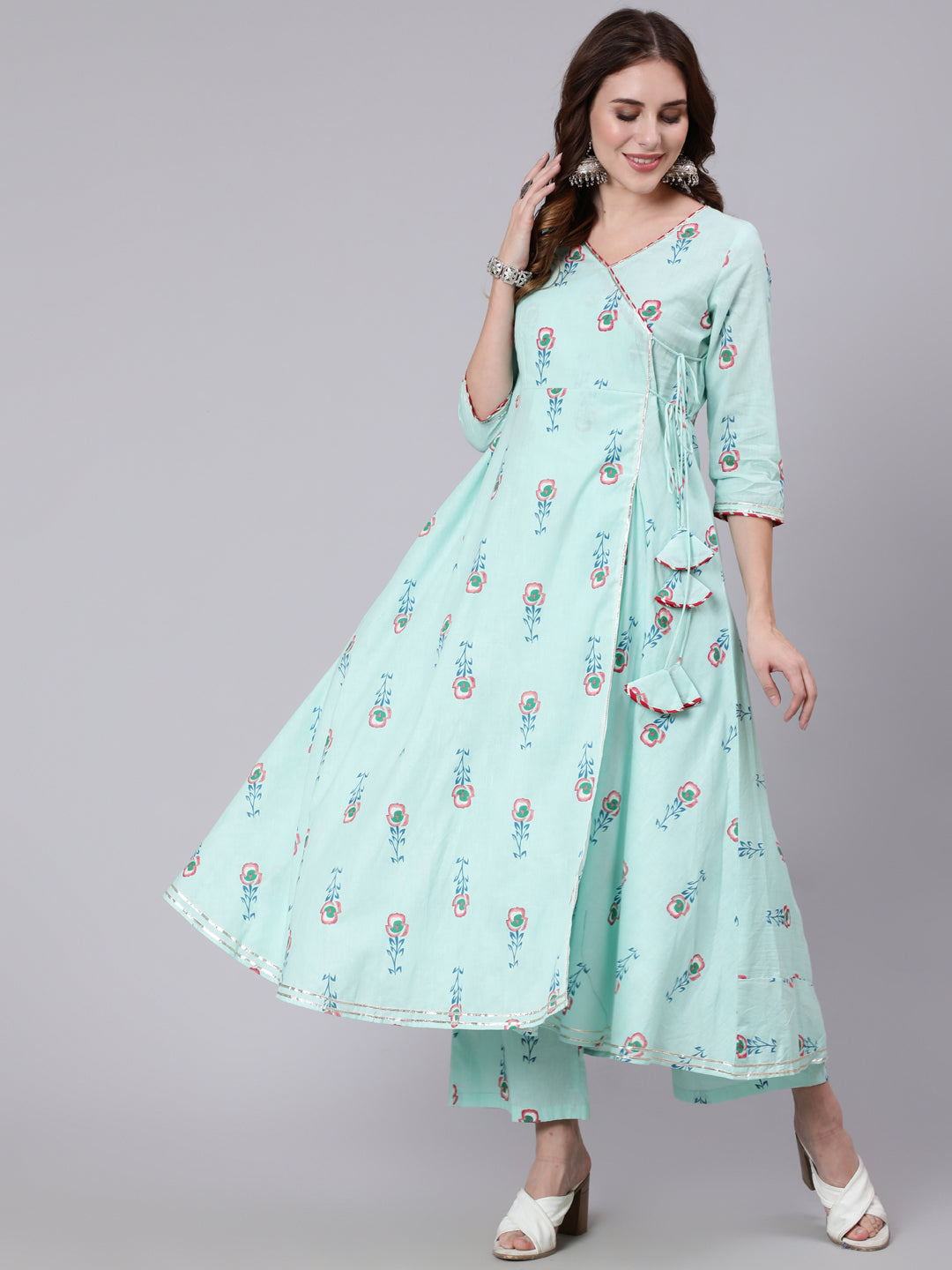 Cotton Calf Length Printed Flared 3/4 Sleeve V Neck Kurta Pant Set