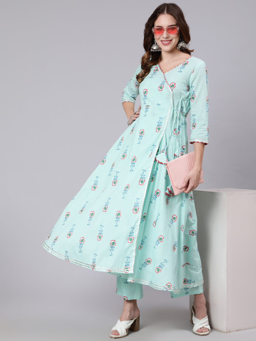Cotton Calf Length Printed Flared 3/4 Sleeve V Neck Kurta Pant Set
