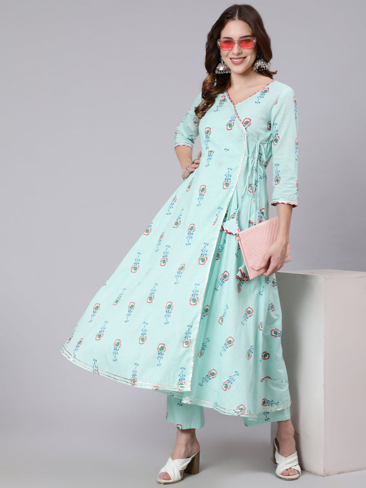 Cotton Calf Length Printed Flared 3/4 Sleeve V Neck Kurta Pant Set