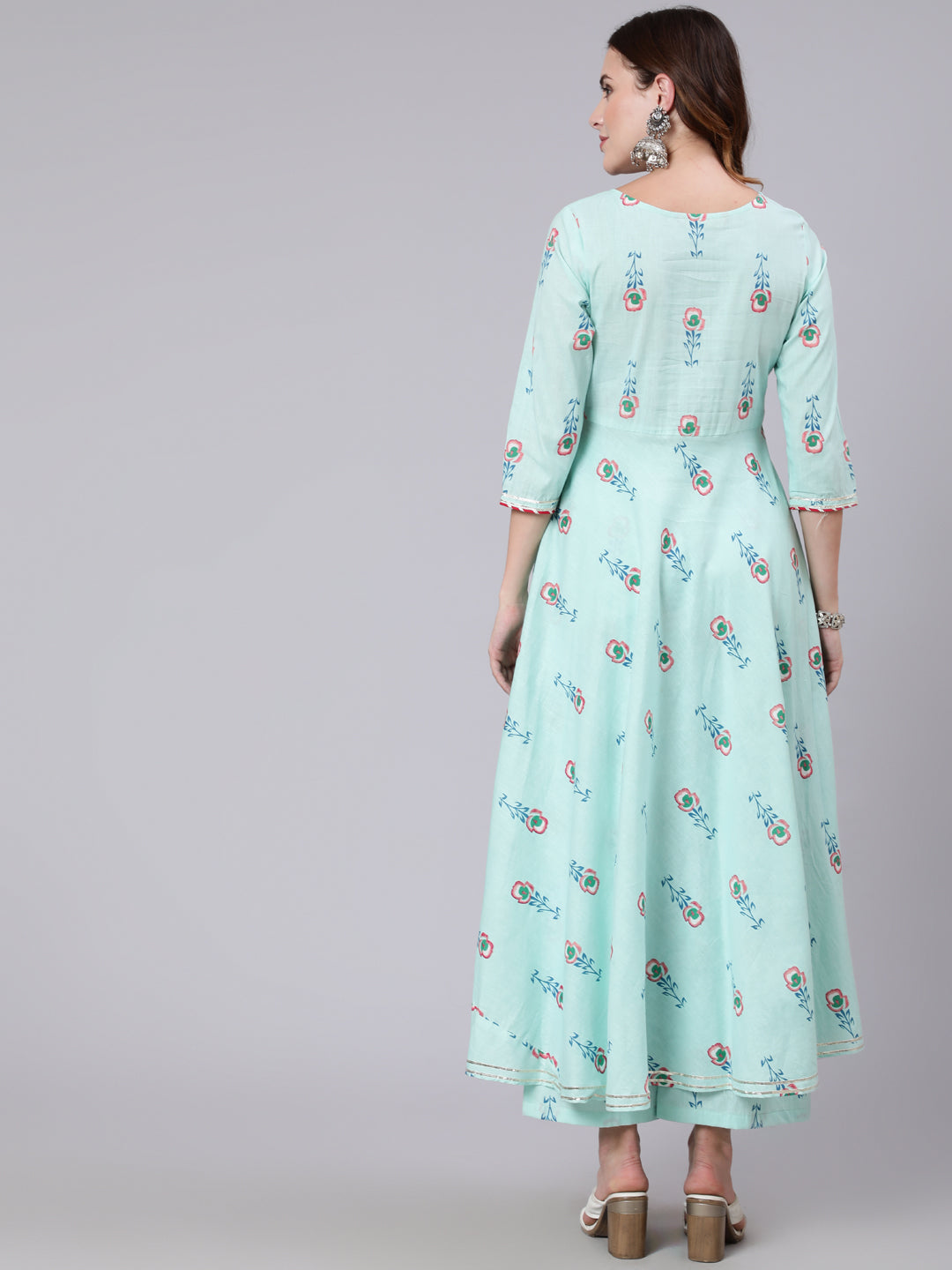 Cotton Calf Length Printed Flared 3/4 Sleeve V Neck Kurta Pant Set