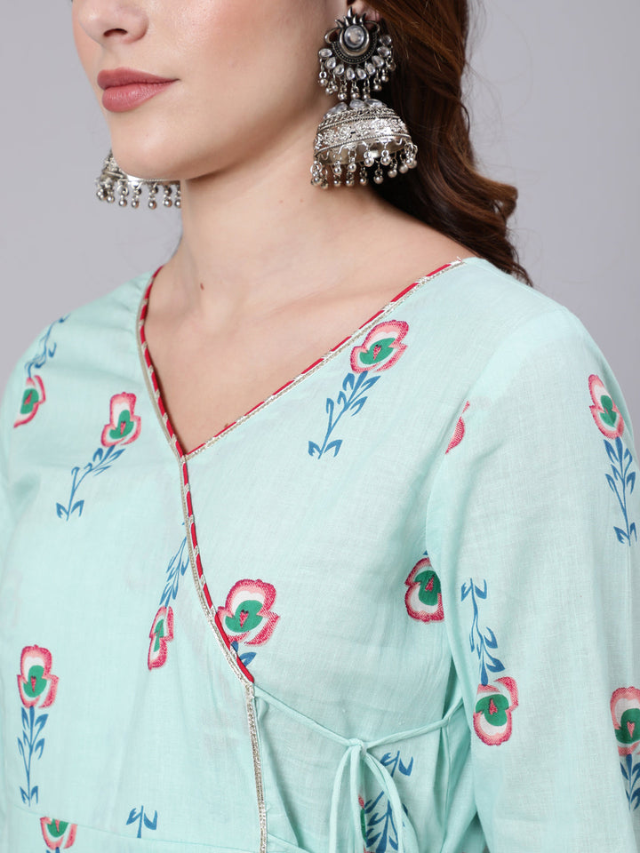Cotton Calf Length Printed Flared 3/4 Sleeve V Neck Kurta Pant Set