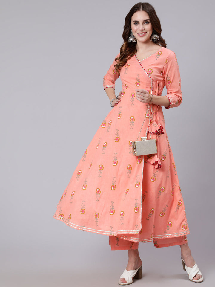 Cotton Calf Length Printed Flared 3/4 Sleeve V Neck Kurta Pant Set