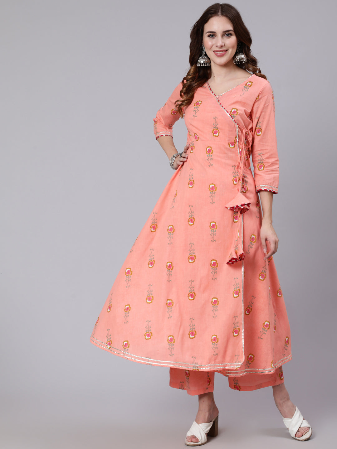 Cotton Calf Length Printed Flared 3/4 Sleeve V Neck Kurta Pant Set
