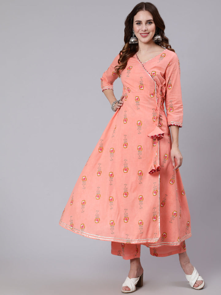 Cotton Calf Length Printed Flared 3/4 Sleeve V Neck Kurta Pant Set