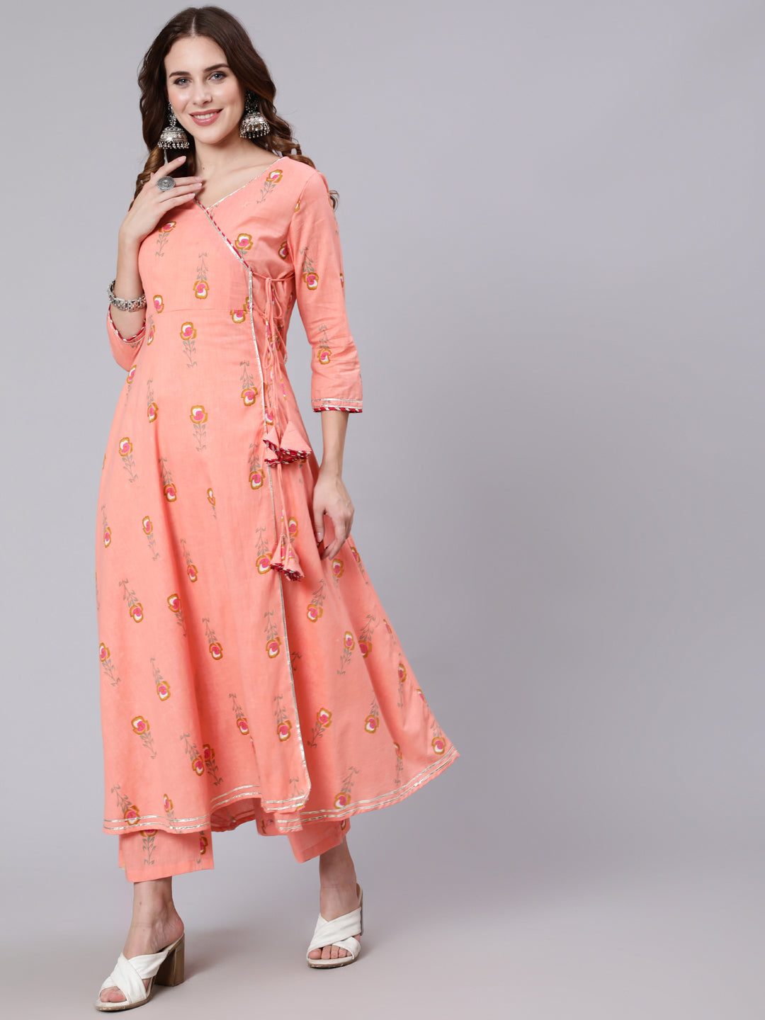 Cotton Calf Length Printed Flared 3/4 Sleeve V Neck Kurta Pant Set