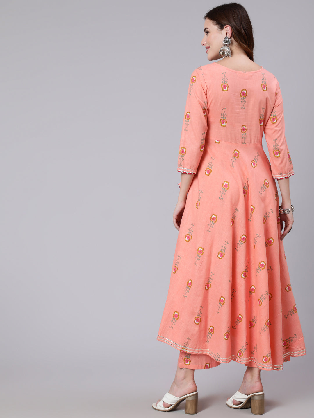 Cotton Calf Length Printed Flared 3/4 Sleeve V Neck Kurta Pant Set