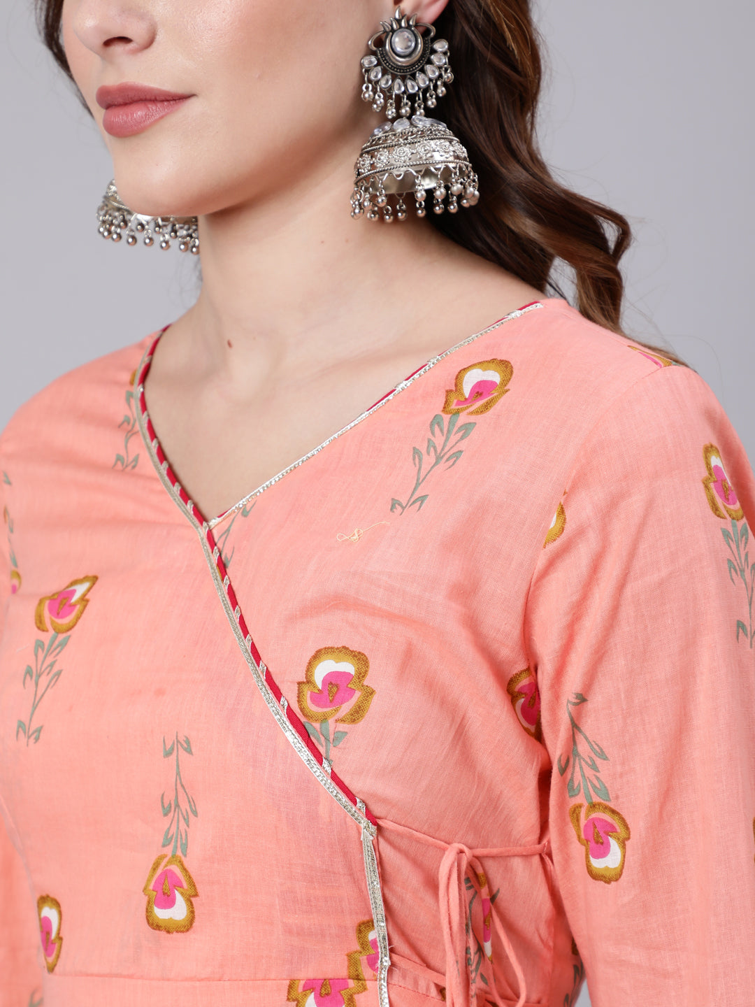 Cotton Calf Length Printed Flared 3/4 Sleeve V Neck Kurta Pant Set