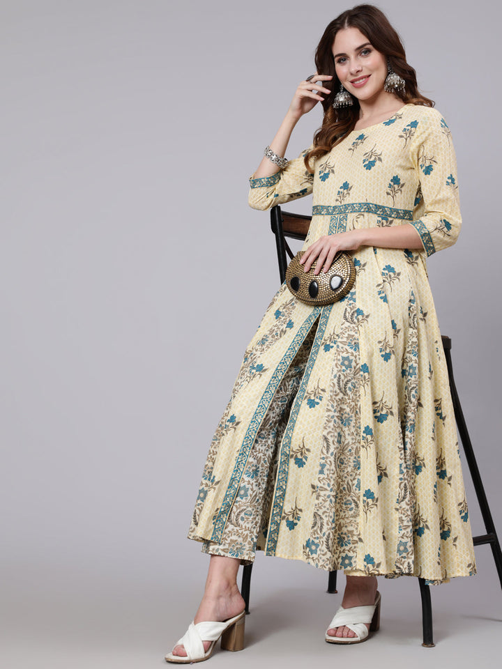 Cotton Calf Length Printed Flared 3/4 Sleeve Round Neck Kurta Pant Set