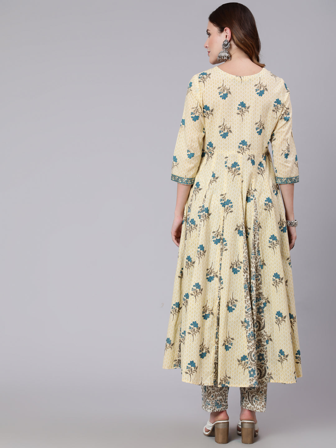 Cotton Calf Length Printed Flared 3/4 Sleeve Round Neck Kurta Pant Set