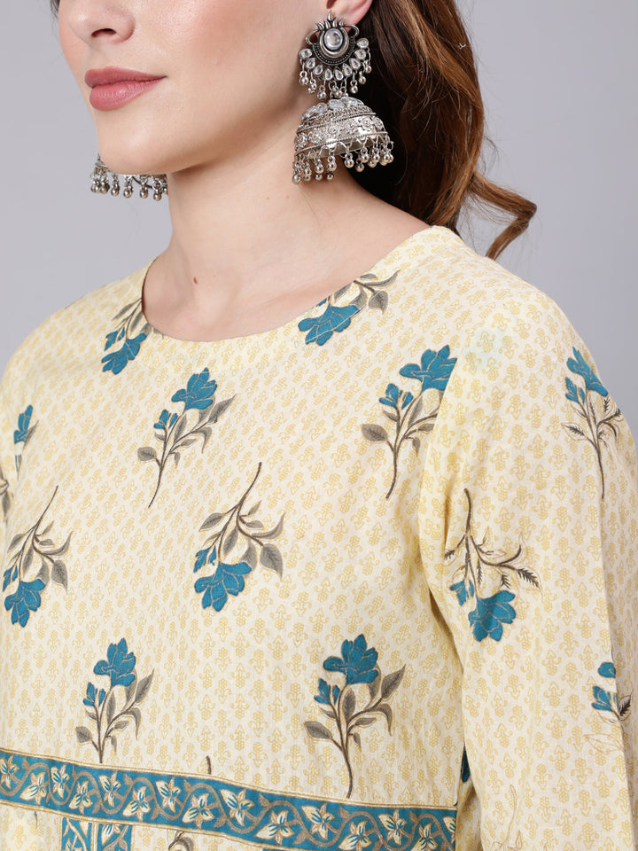 Cotton Calf Length Printed Flared 3/4 Sleeve Round Neck Kurta Pant Set