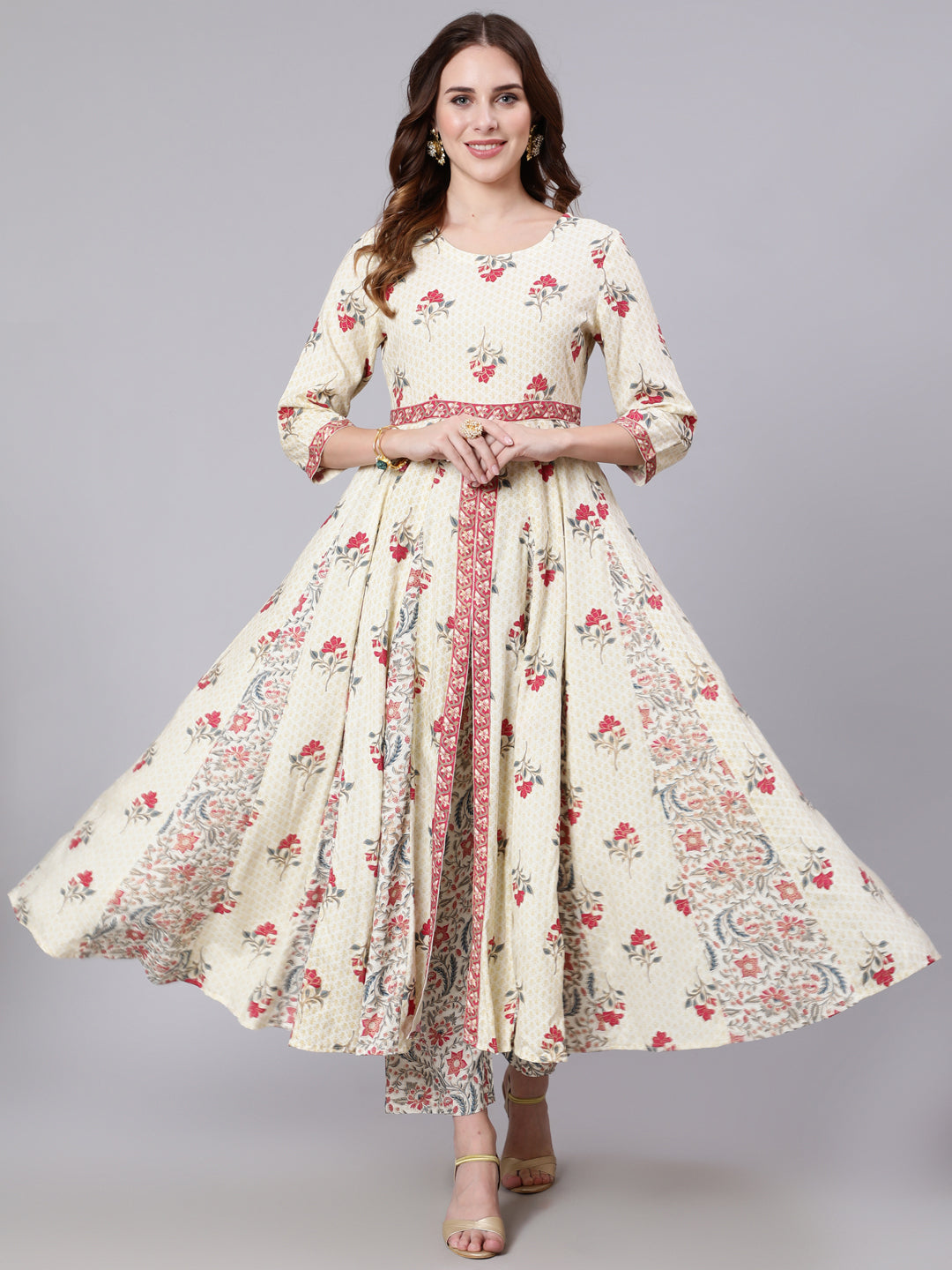 Cotton Calf Length Printed Flared 3/4 Sleeve Round Neck Kurta Pant Set