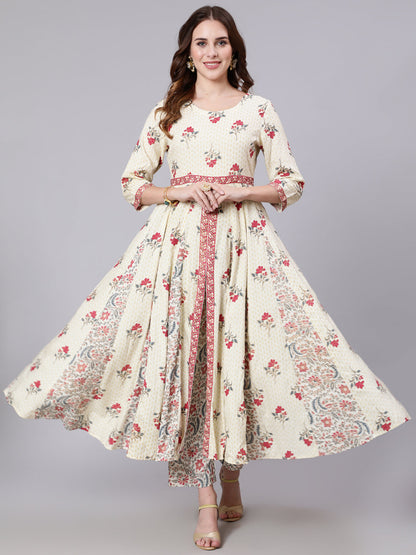 Cotton Calf Length Printed Flared 3/4 Sleeve Round Neck Kurta Pant Set